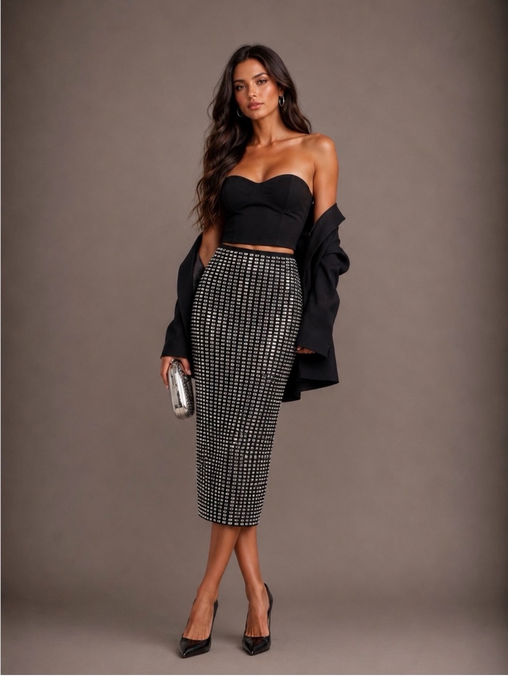 WeWoreWhat Black & White Checked High-Waist Pencil Skirt